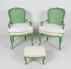 PAIR OF LOUIS XV STYLE ARM CHAIRS W/ OTTOMAN