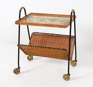 VINTAGE RATTAN ROLLING CART C. 1960'S