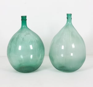 PAIR VINTAGE ITALIAN GREEN GLASS DEMIJOHN BOTTLES