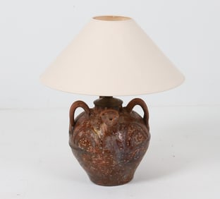 ANTIQUE REDWARE POTTERY TABLE LAMP