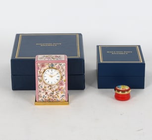 HALCYON DAYS ENAMEL TRINKET BOX & TRAVEL CLOCK