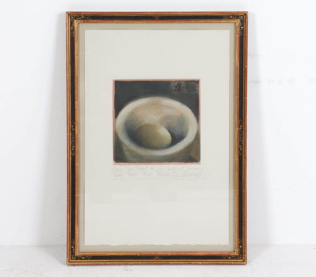 'GAIA EGG BOWL' 1998 SILKSCREEN: Titled "Gaia Egg Bowl," signed indistinctly in the margin, dated 1998. Dimensions: Frame: H 25.5" x W 18". Paper: H 21.75" x W 14.25". Condition: Rubbing and marks to gilding on frame. Wear consistent