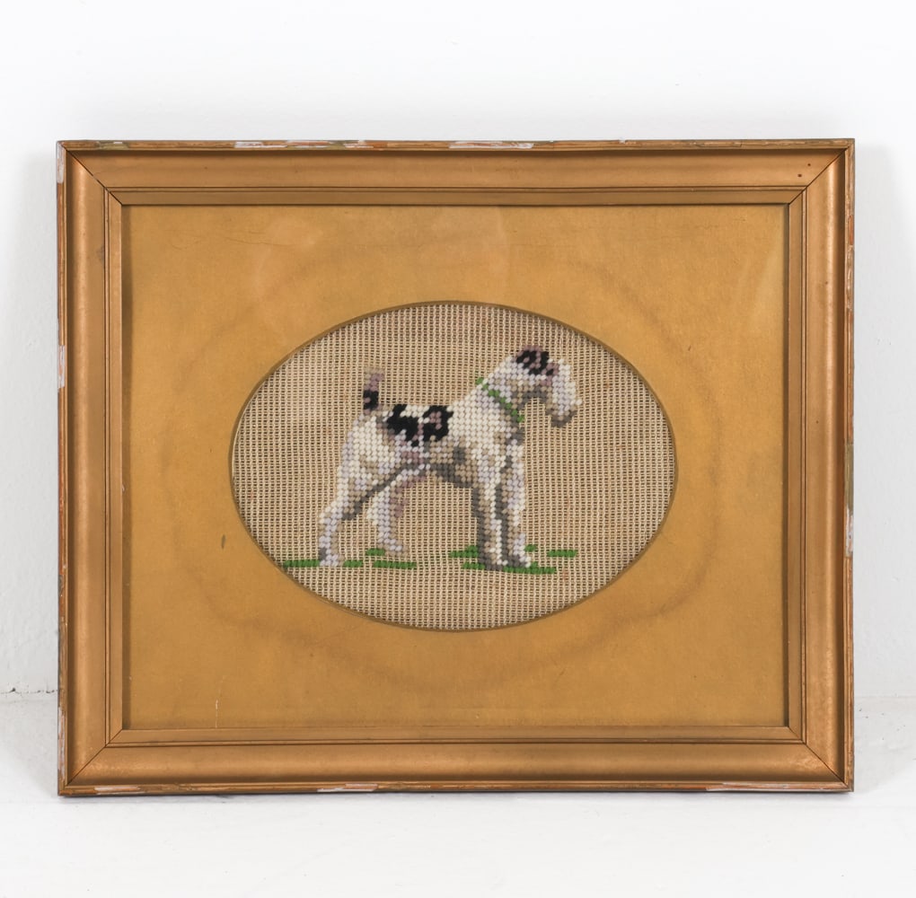 NEEDLEWORK PORTRAIT OF A DOG 20TH C.: Dimensions: Frame H 11.25" x W 13.5". Sight H 5.75" x W 7.5". Condition: There are minor losses to the frame finish consistent with age and use.