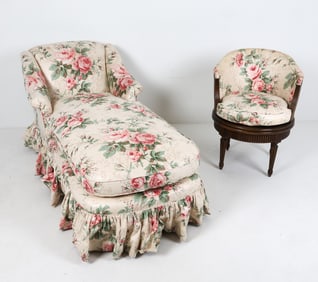 FRENCH STYLE CHAISE & LOUIS XVI STYLE VAINTY CHAIR