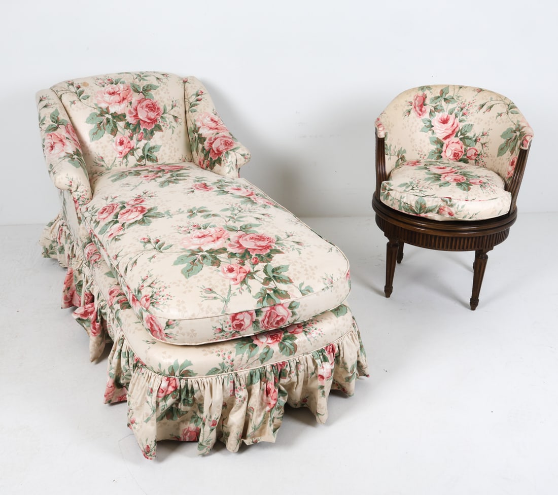FRENCH STYLE CHAISE & LOUIS XVI STYLE VAINTY CHAIR: Silk fabric upholstery. Mahogany chair with cane seat and back. Dimensions: Chaise H 32.5" x W 32.5" x D 60" x SH 19.5". Chair H 32" x W 25" x D 25.5" x SH 21". Condition: Some fading, faint spots of