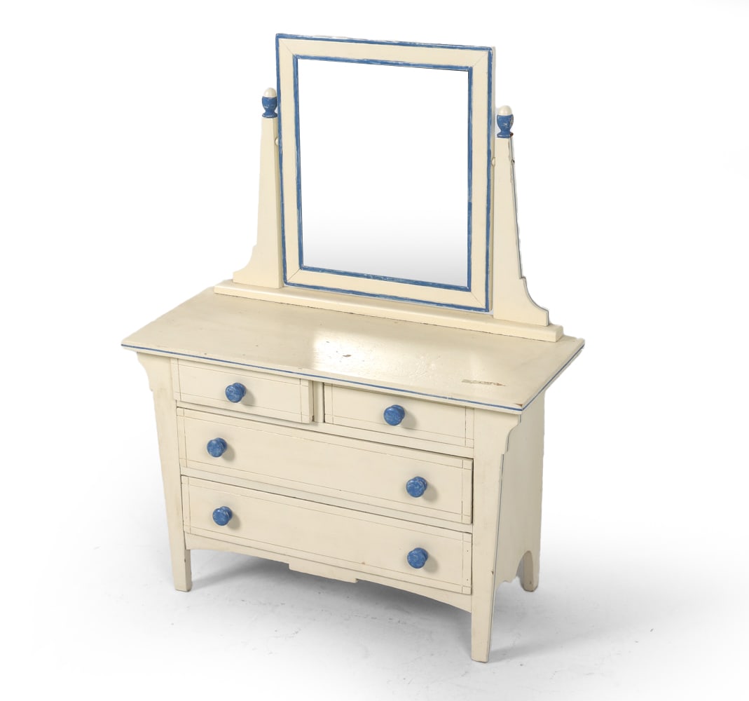 CHILD'S PAINTED VANITY C. 1950'S: Dimensions: H 35" x W 26.5" x D 11.75". Condition: Minor losses to painted surface. Scuffs and rubs. Minor surface soiling. Wear consistent with age and use.