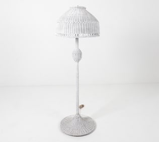 WHITE WICKER FLOOR LAMP C. 1960'S