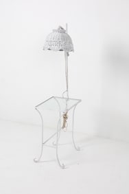WHITE WICKER & GLASS LAMP TABLE C. 1960'S