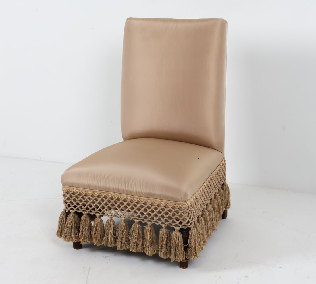 ANTIQUE SILK UPHOLSTERED SLIPPER CHAIR: Dimensions: H 33" x W 18" x D 20" x SH 12.5". Condition: Few scuffs, dings, scratches to legs. Wear consistent with age and use.