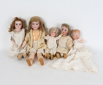 ANTIQUE GERMAN PORCELAIN HEAD DOLL GROUPING