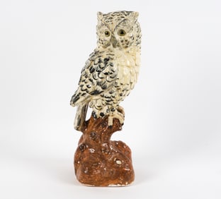 MID-CENTURY PAINTED CERAMIC OWL FIGURE STATUE