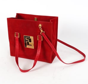 VINTAGE FENDI RED SUEDE TOTE HAND BAG