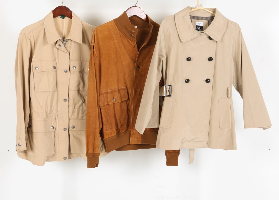DESIGNER JACKET GROUPING INCL. RALPH LAUREN: Also includes Jane Post for Saks Fifth Avenue. Together with Trillion suede jacket, made in Italy. Dimensions: Ralph Lauren Size L, Full Length L 30" x Waist W 21" x Sleeve L 23".' Condition: Good pre