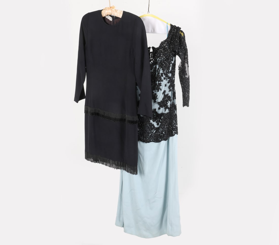 OSCAR DE LA RENTA & VALENTINO DRESSES: Black Valentino dress with hanging beads, marked size 44. Together with black sequined dress Marked with Oscar De La Renta tag, with interior stitched lining. Dimensions: (De La Renta dress) (Full len