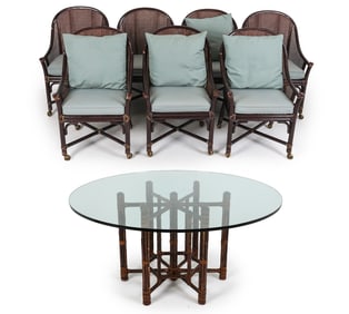 MCGUIRE BAMBOO TABLE W/ GLASS TOP & (7) CHAIRS