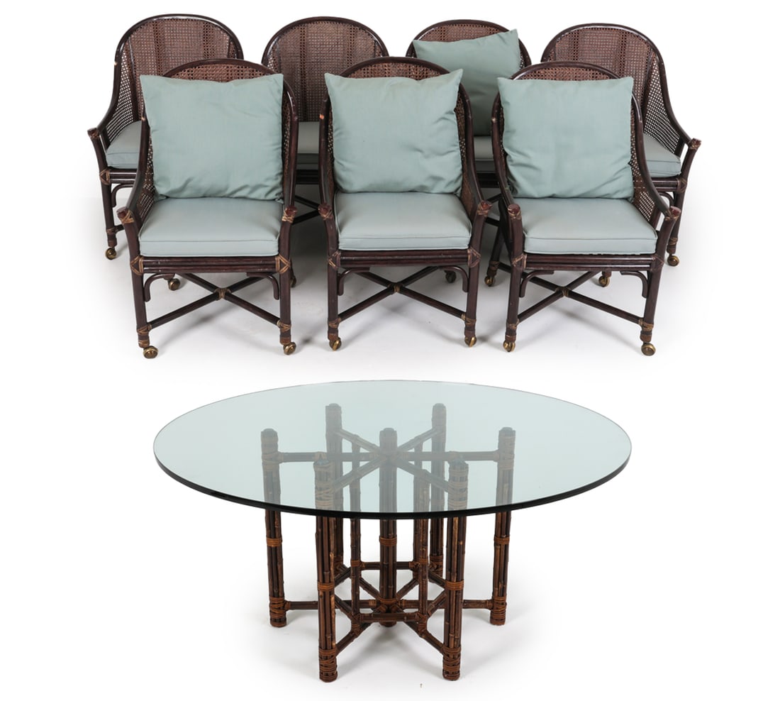 MCGUIRE BAMBOO TABLE W/ GLASS TOP & (7) CHAIRS (1 of 20)