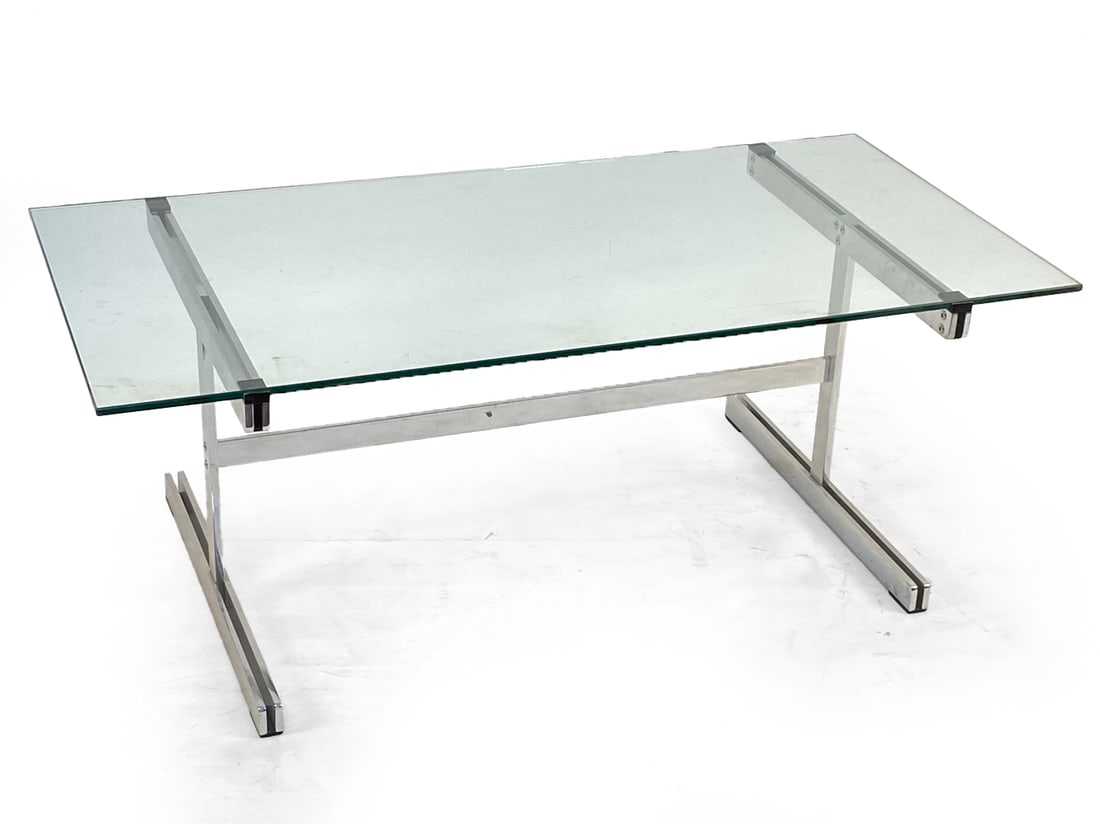 VINTAGE JOHN VESEY STYLE GLASS COFFEE TABLE: Dimensions: H 18" x W 48" x D 24". Condition: Minor scuffs and scratches to steel base, few light surface scratches to glass. Wear consistent with age and use.