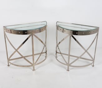 PAIR OF CHROME STEEL & GLASS DEMILUNE TABLES