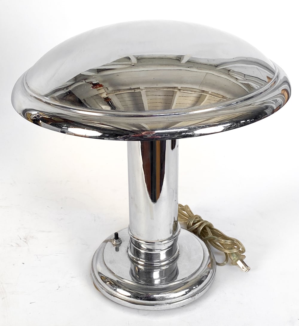 GEORGES HALAIS STYLE CHROME TABLE LAMP C. 1970S: Dimensions: H 13.5" x Dia. 13". Condition: Minor scuffs and marks on chrome. Untested- in working condition. Wear consistent with age and use.