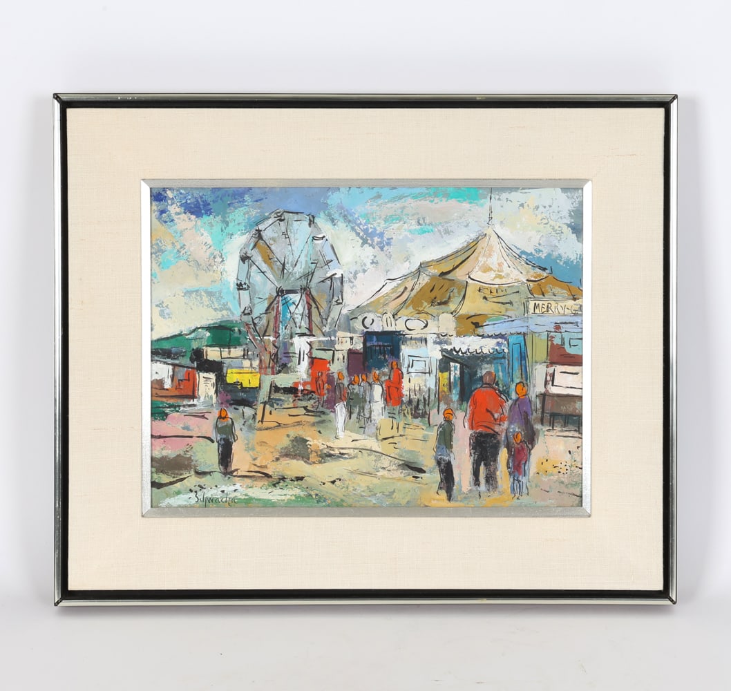 GEORGE SCHWACHA (20TH C.) CARNIVAL SCENE O/B: Signed in lower left corner. Oil on masonite. Dimensions: Frame H 18.25" x W 22.25". Sight H 11.25" x W 15.25". Condition: Few scuffs and dings to frame metal edge. Wear consistent with age and use.