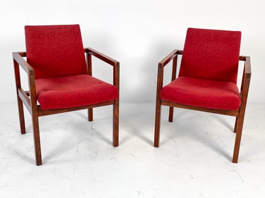PAIR OF MID-CENTURY WALNUT & WOOL ARMCHAIRS