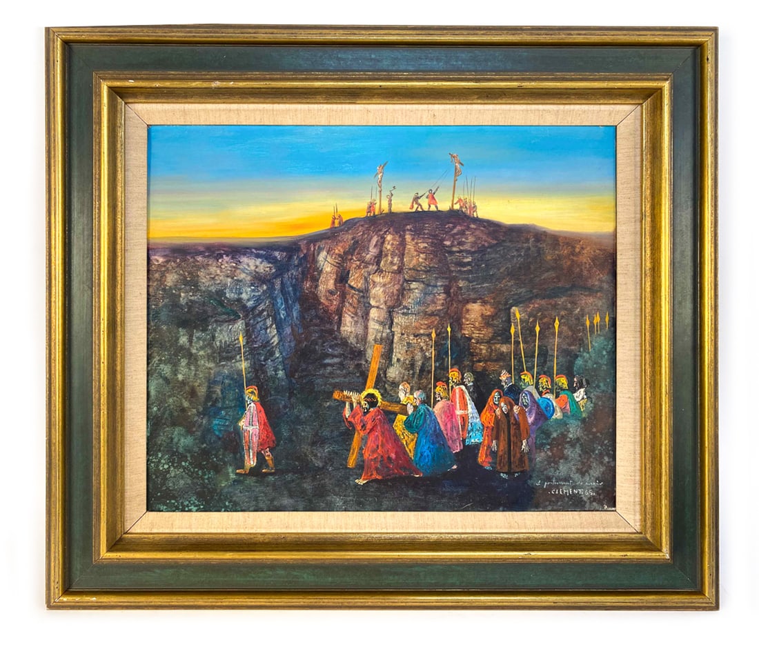 JEAN-PIERRE CLEMENT (B.1943) CRUCIFIXION O/C: Signed and titled by artist in lower right corner, dated 1965. Titled "Le Portement de Croix". Framing stamp to backside. Dimensions: Frame: H 27" x W 30.5" Canvas: H 18,25" x W 22" Condition: Slight