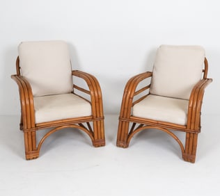 PAIR OF BAMBOO & RATTAN LOUNGE CHAIRS