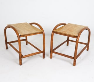 PAIR OF MID-CENTURY BAMBOO & RATTAN END TABLES