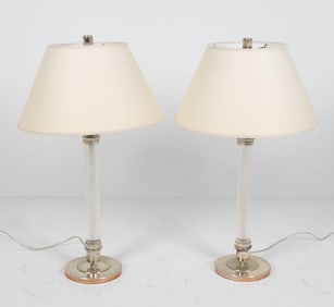 PAIR OF CONTEMPORARY GLASS COLUMN TABLE LAMPS