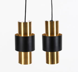 (2) JO HAMMERBORG METAL PENDANT LIGHTS C. 1970'S: Dimensions: H 9.25" x Dia 4" Condition: Slight scattered scuffs and marks on metal. Untested. Wear consistent with age and use.