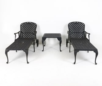 PAIR OUTDOOR CHAISE LOUNGES W/ SIDE TABLE