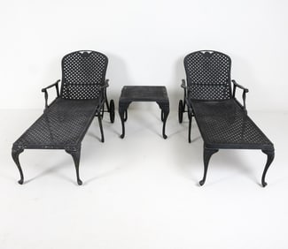 PAIR OUTDOOR CHAISE LOUNGES W/ SIDE TABLE