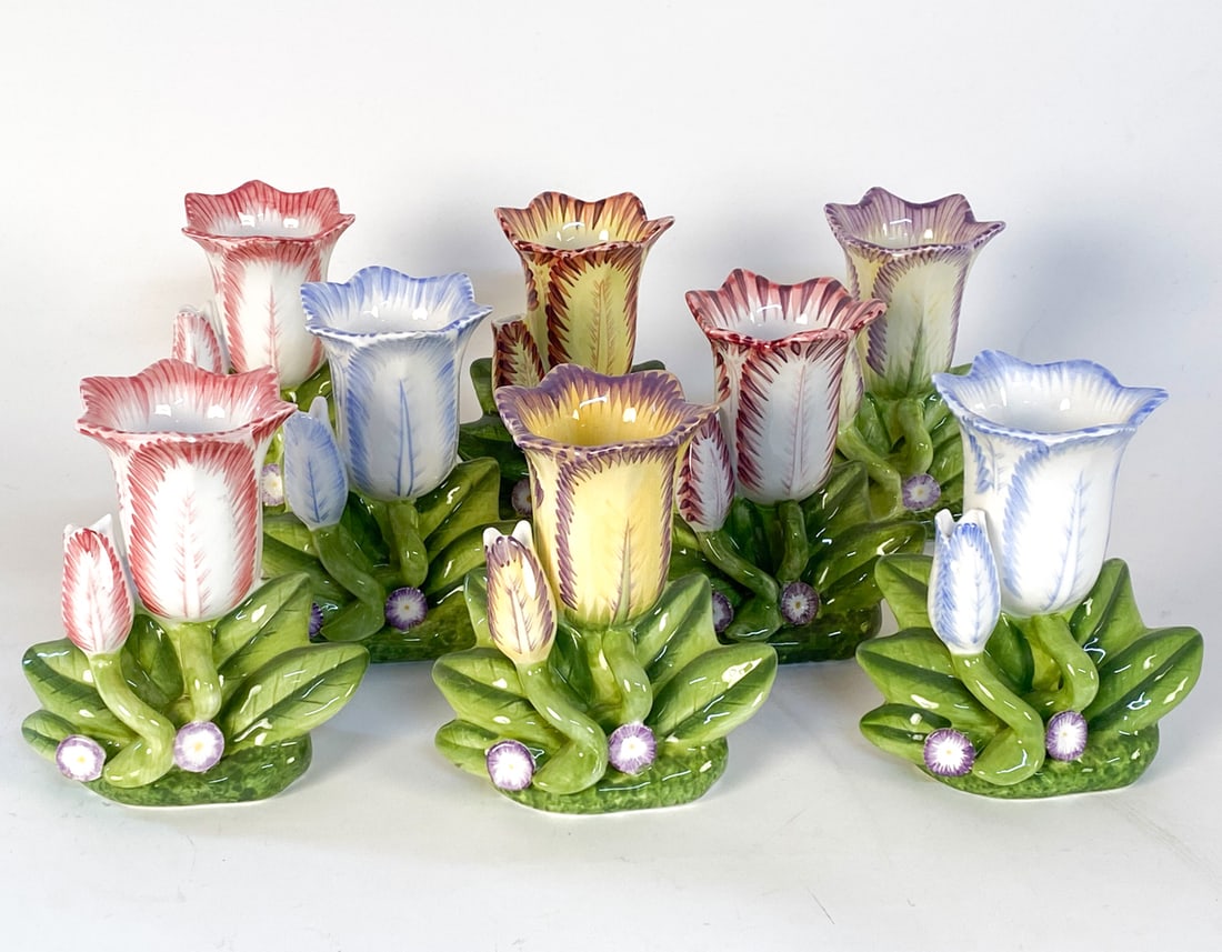 MOYSES STEVENS PORCELAIN TULIP VASE GROUP: Marked on undersides. Dimensions: H 6" x W 5.75" x D 3.5". Condition: Few with chip to ends of petals. Minor hairline to glazing on one pink vase. Wear consistent with age and use. Presents well overa