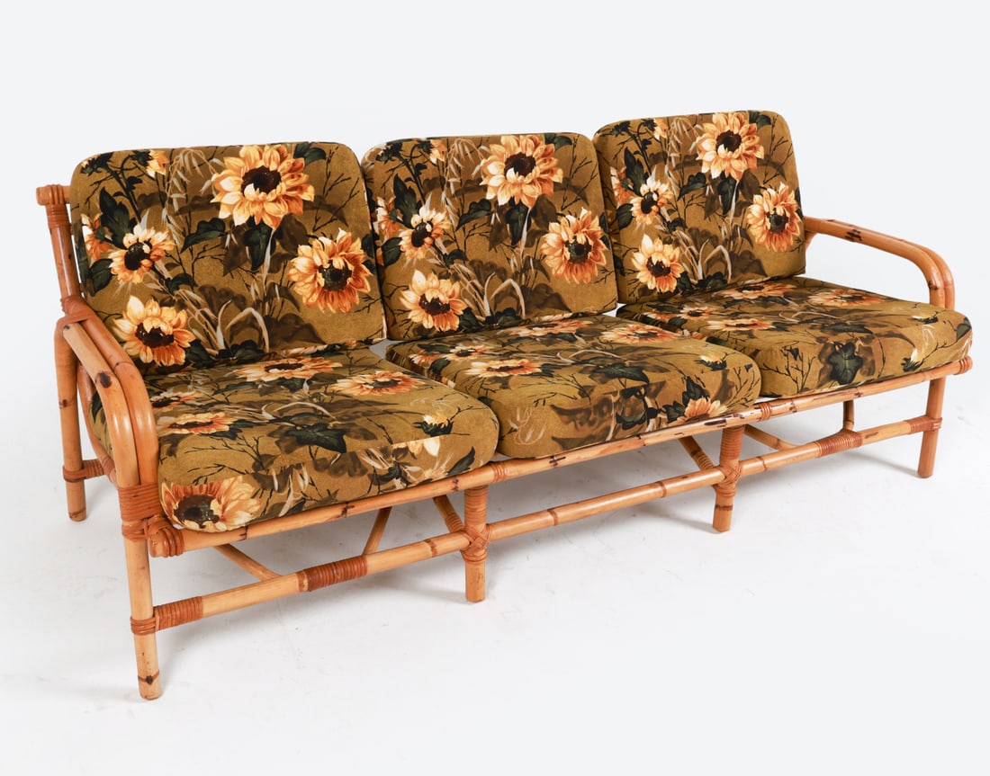DANISH BAMBOO & RATTAN SOFA C. 1950'S: Bamboo and rattan. Fabric cushions. Dimensions: H 29" x W 72" x D 29" x SH 17". Condition: Wear consistent with age and outdoor use. C068