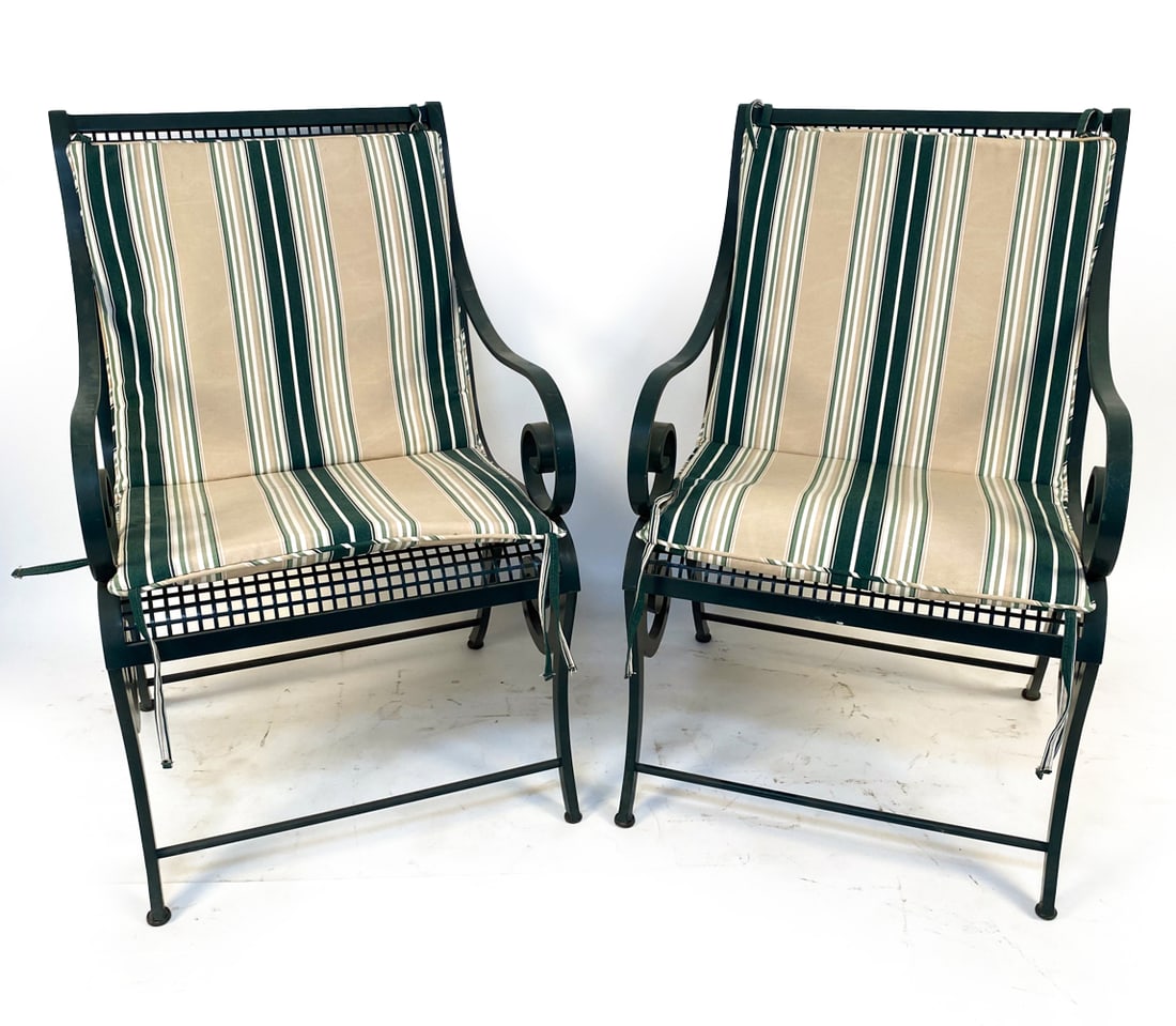 PAIR OF MCKINNON & HARRIS OUTDOOR PATIO CHAIRS: Dimensions: H 37" x W 31" x D 27" x SH 16.5". Condition: Evident scuffs and scratches. Wear consistent with age and use.
