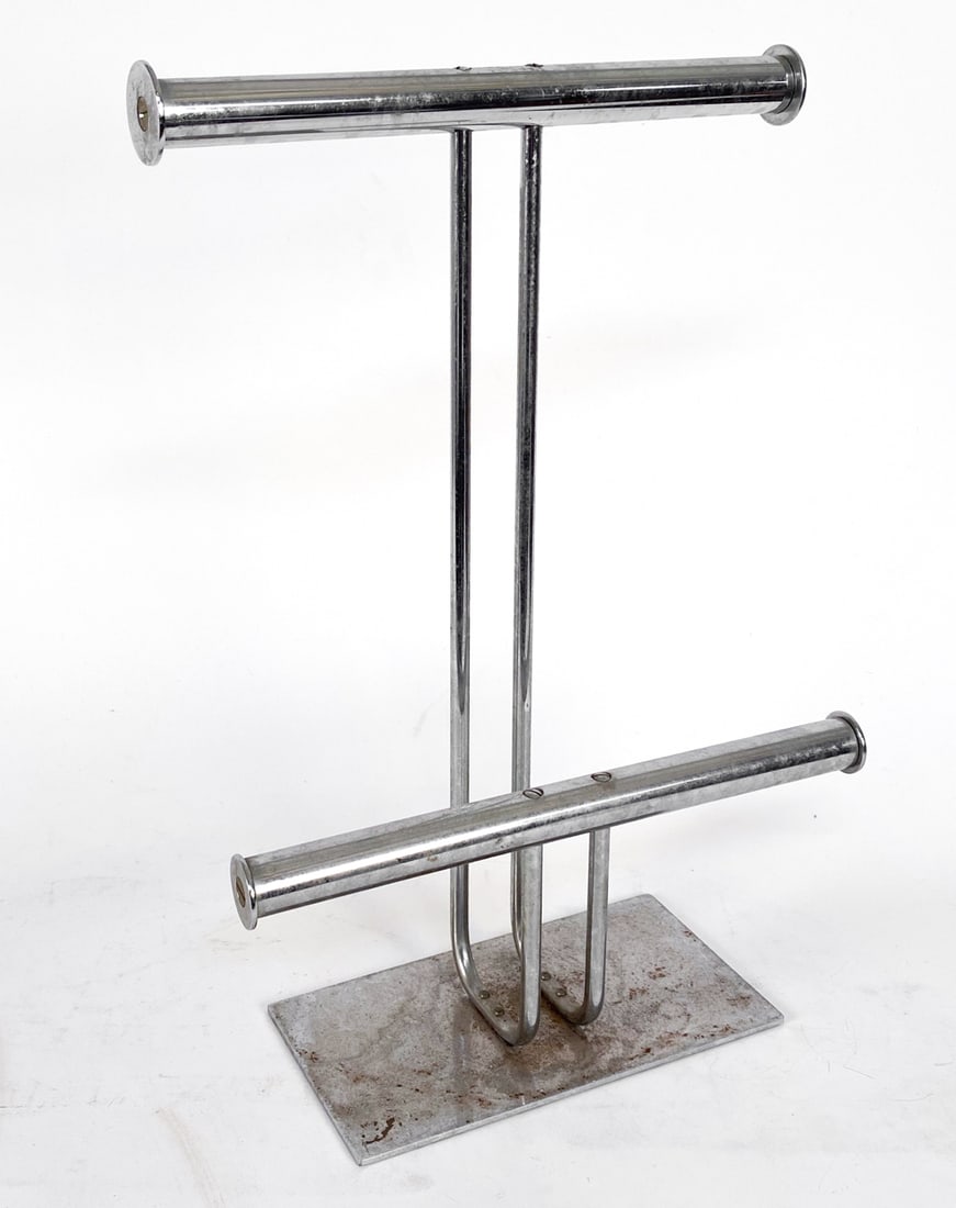 MID-CENTURY CHROME STEEL JEWELRY DISPLAY RACK: Dimensions: H 18" x W 12.25" x D 5". Condition: Moderate rust on surface. Some caps to rack ends are loose. Wear consistent with age and use.