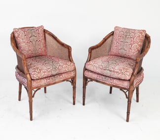 PAIR OF FAUX BAMBOO AND CANE LOUNGE CHAIRS