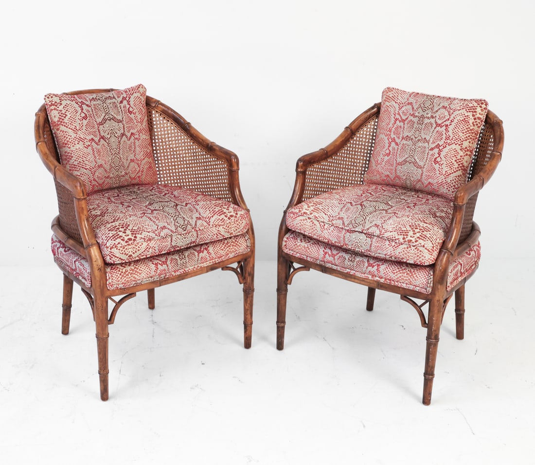 PAIR OF FAUX BAMBOO AND CANE LOUNGE CHAIRS (1 of 11)