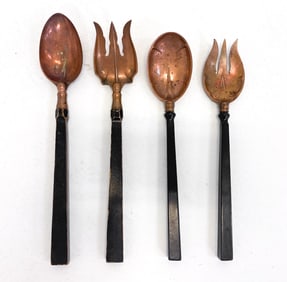 MID-CENTURY COPPER & WOOD SERVING UTENSILS