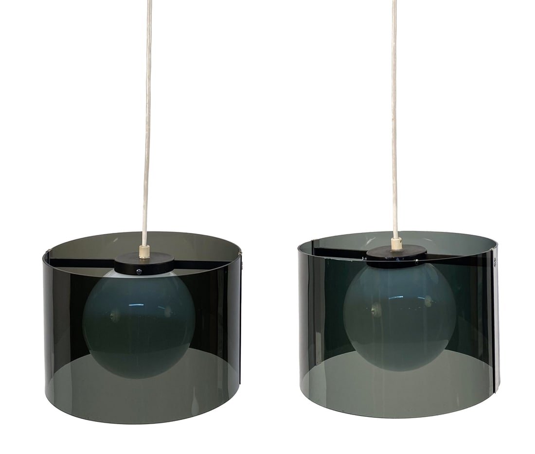 PAIR OF ACRYLIC PENDANT LIGHTS: Dimensions: H 9.5" x Dia. 14". Condition: Wiring untested, requires adapter. Few light scuffs and surface scratches to shades. Wear consistent with age and use.