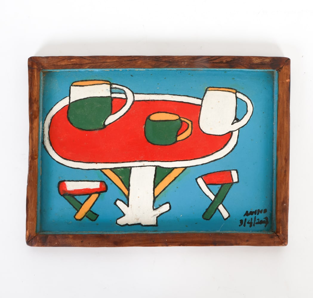 CONTEMPORARY STILL LIFE PAINTING ON BOARD: Signed indistinctly on corner and verso. Dated 2007 Frame: H 10 1/4" x W 14 1/8" Sight: H 8 5/8" x W 12 5/8" Condition: Moderate scuffs and nicks on frame. Surface soiling and dust on board. Wear cons