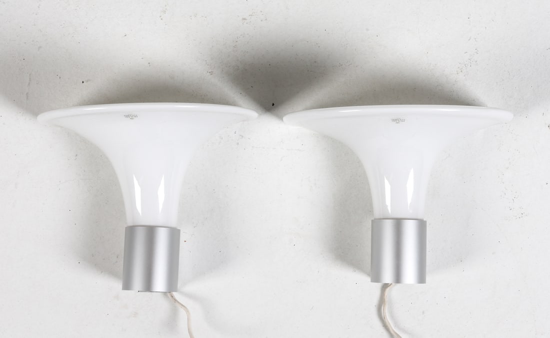 PAIR OF MICHAEL BANG 'MANDARIN' WALL SCONCES: For Holmegaard. Labels on shades. Dimensions: H 7.5" x W 9.5" x D 7.25". Condition: Wiring untested. Wear consistent with age and use.