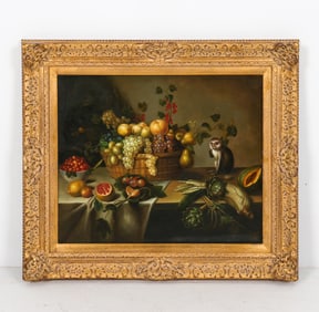 BAROQUE STYLE STILL LIFE W/ MONKEY O/B PAINTING