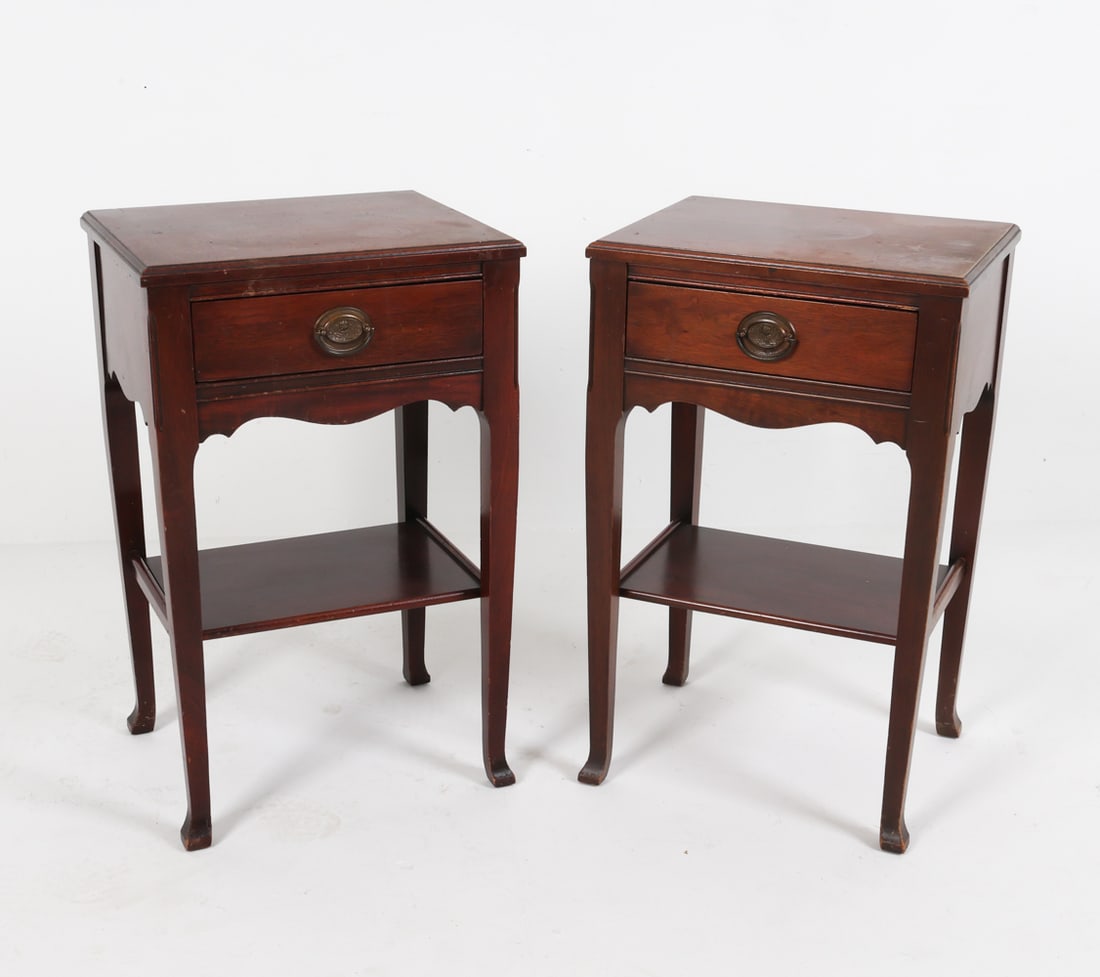 PAIR OF MAHOGANY NIGHTSTANDS: Label inside drawers. Dimensions: H 27.5" x W 17.5" x D 14". Condition: Scuffs, dings, and scratches to tops, sides. Few water rings. Wear consistent with age and use.