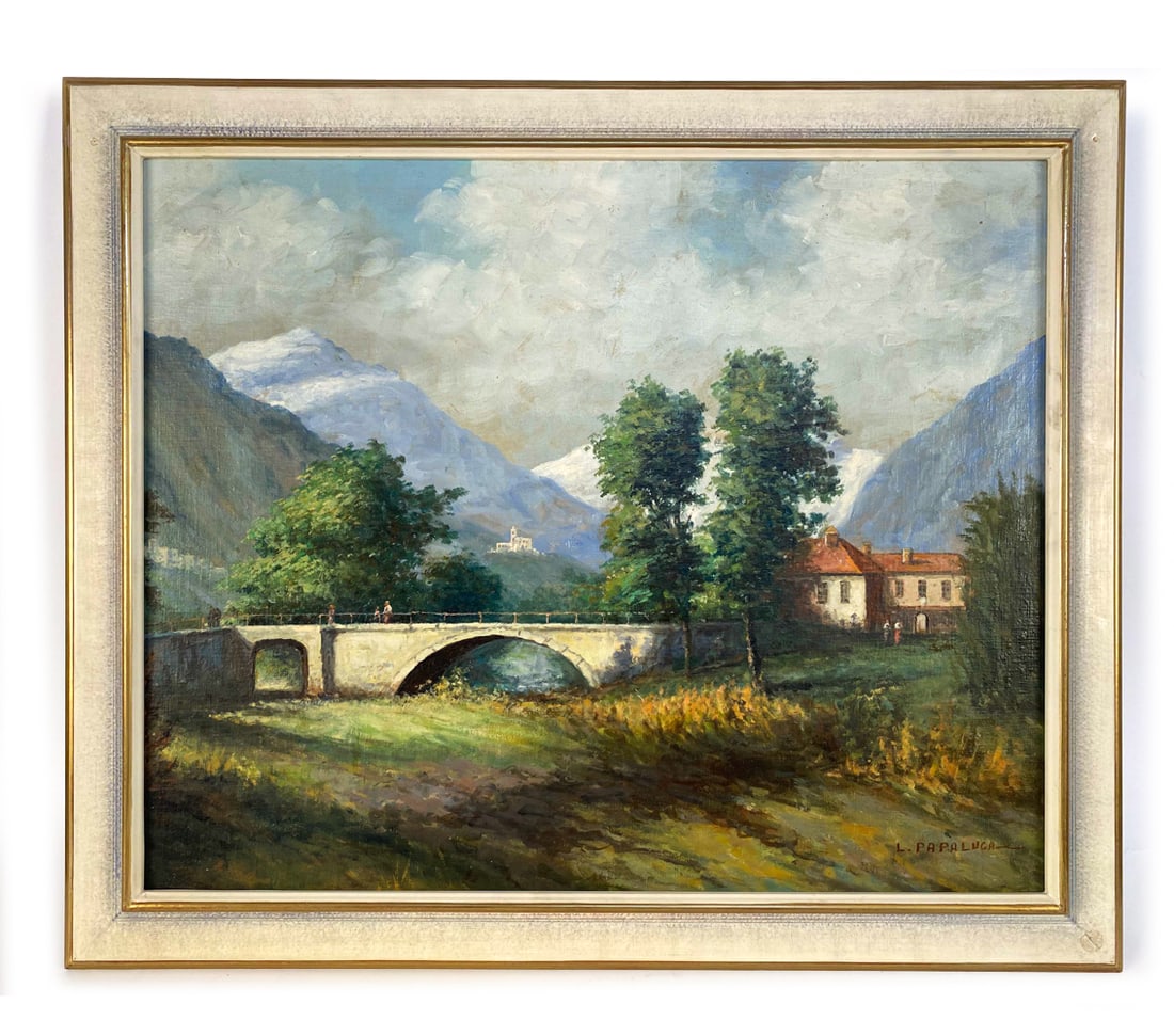 LUCA PAPALUCA (1890-1934) LANDSCAPE O/B: Signed on corner. Dimensions: Frame H 28.75" x W 34.25". Sight H 23.25" x W 28.5". Condition: Minor rubbing and nicks on edges and corners. Slight surface soiling. Wear consistent with age and use.