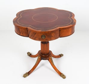 MAHOGANY DRUM TABLE W/ LEATHER TOP