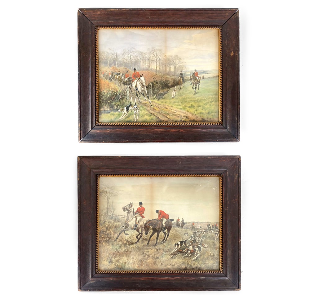 THOMAS BLINKS (1860-1912) HUNT SCENE WATERCOLORS: Signed by artist on corners. Dimensions: Largest Frame H 19" x W 23". Sight H 13.75" x W 17.5". Condition: Moderate scuffs and marks on frames. Discoloration to paintings. Wear consistent with age and
