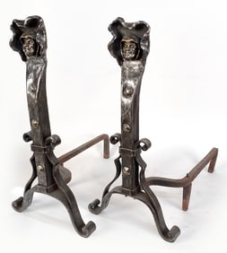 ANTIQUE ARTS & CRAFTS MONK FACE ANDIRONS