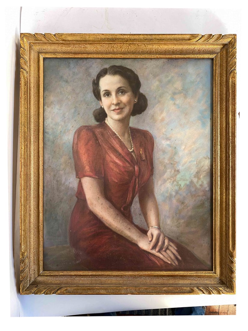 S. FRANKEL PASTEL POTRAIT OF A WOMAN 1945: Signed and dated on corner Dimensions: Frame: H 35.75" x W 30" Sight: H 29.75" x w 23.5" Condition: Slight rubbing to gilt frame. Surface soiling to glass. Wear consistent with age and use.