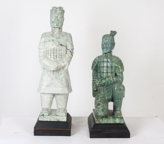 (2) CHINESE CARVED STONE WARRIOR SCULPTURES